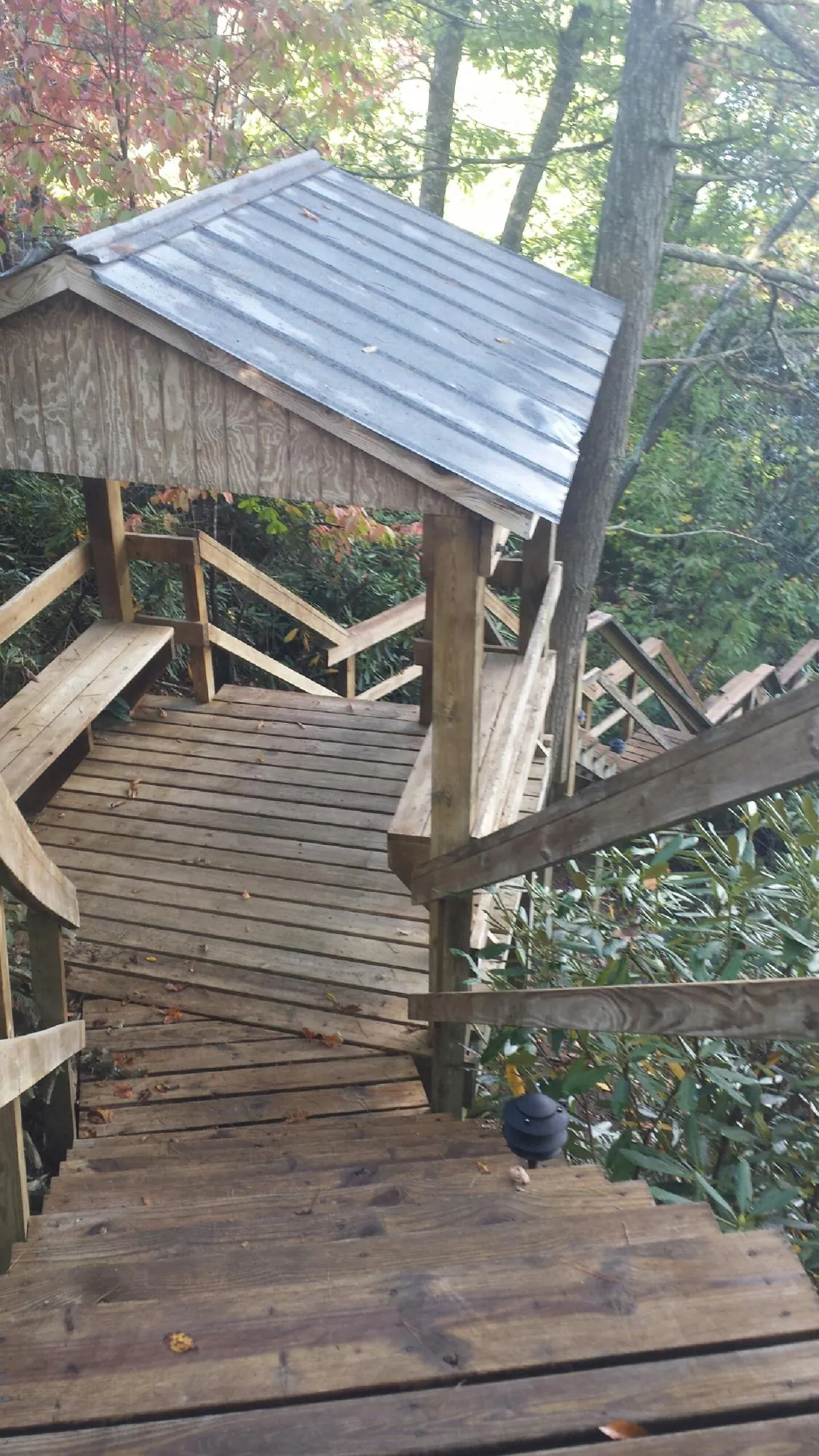 Metal roofed shelter over wooden steps on a wooded walkway — Skylight Repair & Installation work by our crew in Means